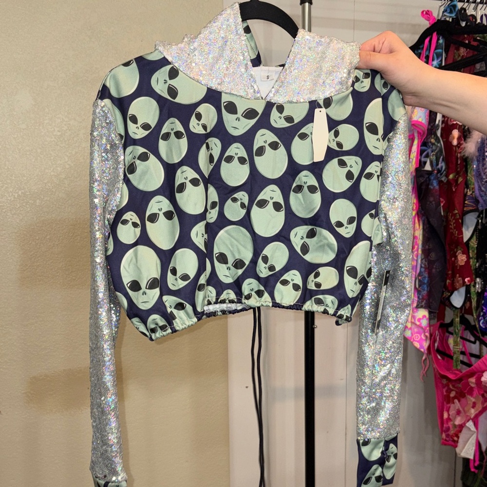 # 8 Alien Print Crop Hoodie with Silver Sleeves